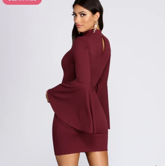winsor womens long bell sleeve burgundy mini dress - Picture 3 of 5